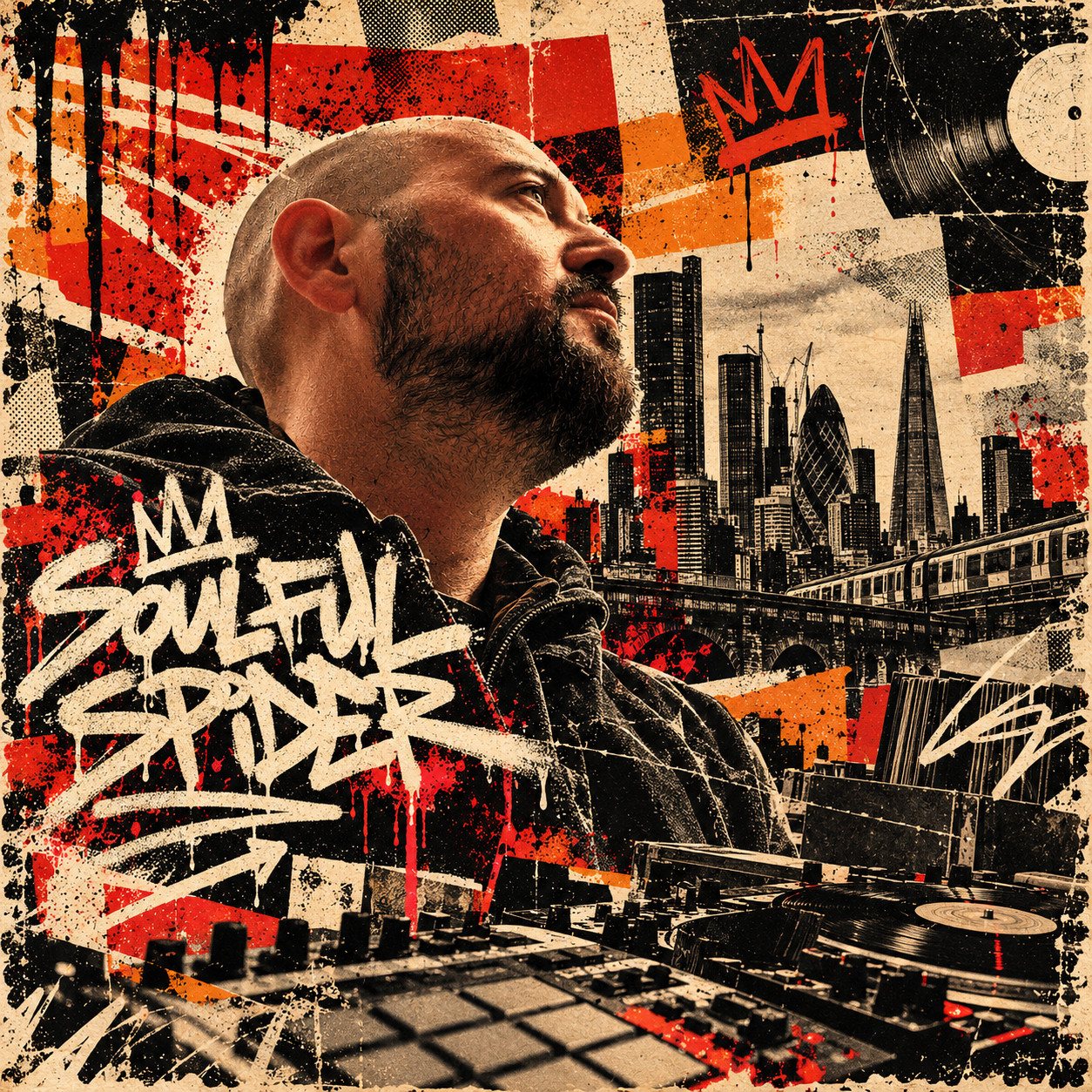Soulful Spider portrait artwork: a profile against a collage of London skyline, records and graffiti
